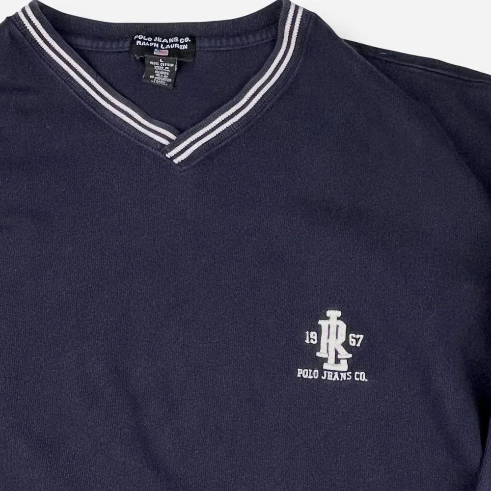 Vintage Polo Jeans Ralph Lauren Sweater Mens Large Pullover Blue‎ VNeck Cotton